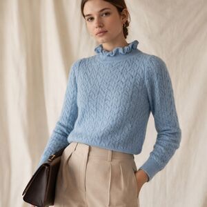& Other Stories Alpaca Wool Pointelle Ruffle Mock Neck Baby Blue Knit Sweater XS